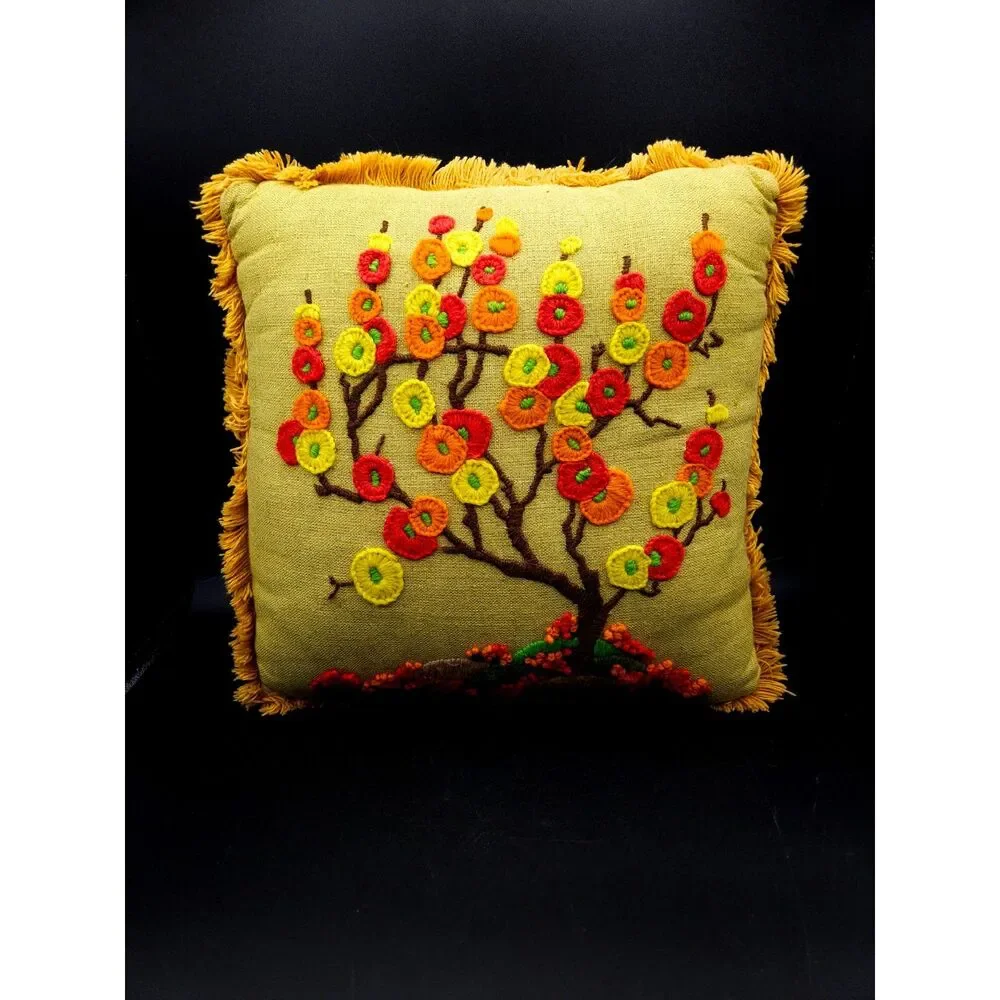 Vintage Crewel Art Embroidered Throw Pillow MCM Groovy Floral Tree Needlework